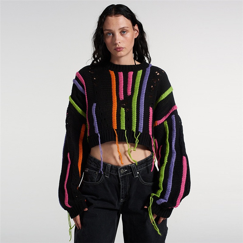 Glitch Stitch | Distressed Striped Crop Sweate